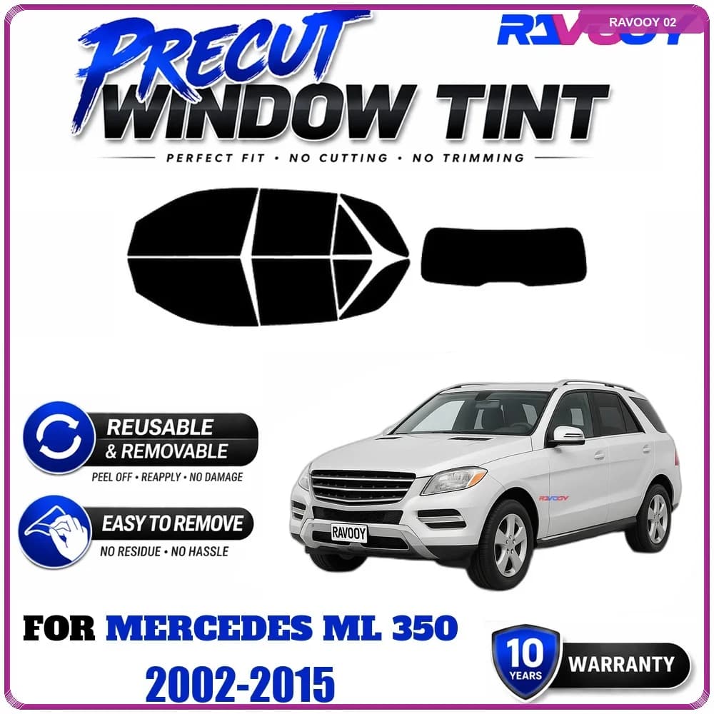 RAVOOY Precut Window Tint, Reusable Removable EPU Film, Custom Fit for Mercedes ML 350 2002-2015, UV Heat Protection