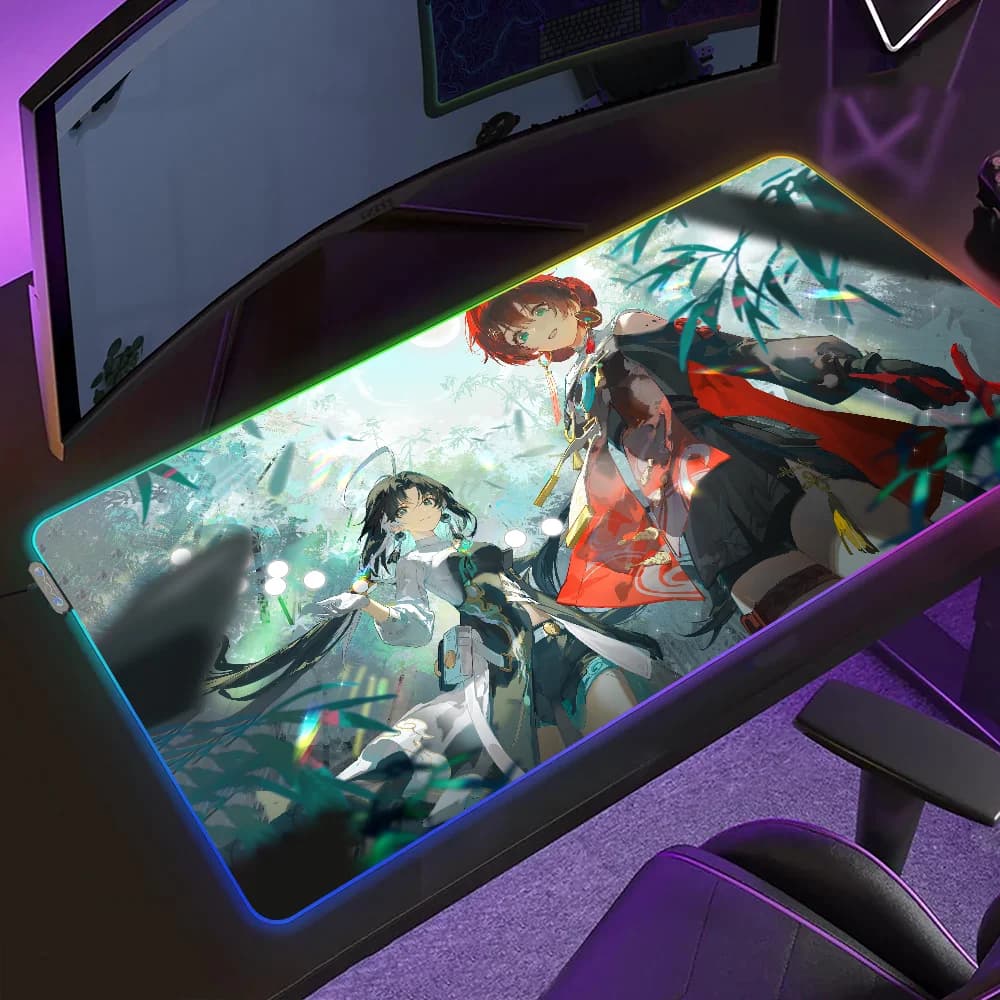 Tappetino per mouse da gioco Wuthering Waves Jianxin, tappetino da gioco con LED, tappetini da tavolo con retroilluminazione Micro USB, tappetini da scrivania RGB in gomma XXL
