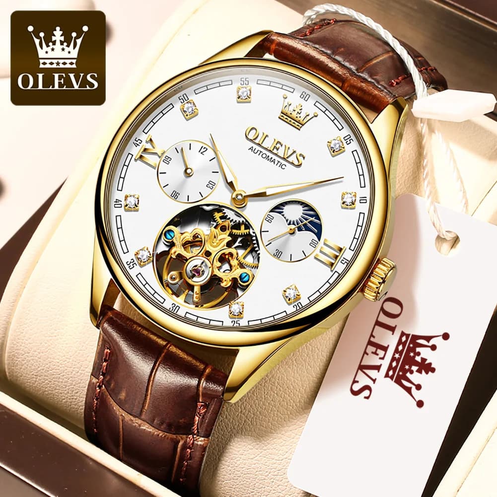 OLEVS 3601 Orologi Meccanici da Uomo di Lusso con Quadrante Scheletrato, Fase Lunare, Impermeabili, Cinturino in Pelle, Automatici