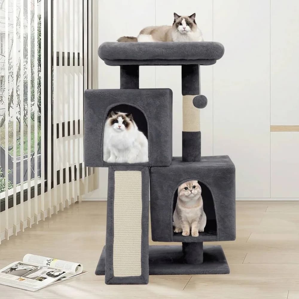 Torre per Gatti da 34 Pollici con 2 Cucce, con Tiragraffi e Tappetino Tiragraffi Rivestito in Sisal, Torre per Arrampicata per Gatti