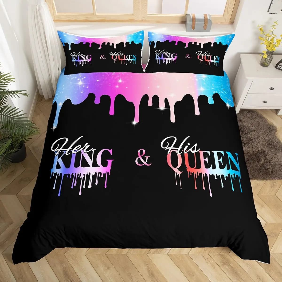 Romantic Valentines Day Duvet Cover Her King and His Queen Bedding Set,Glitter Print Bed Set Lovers Mr and Mrs Comforter Cover