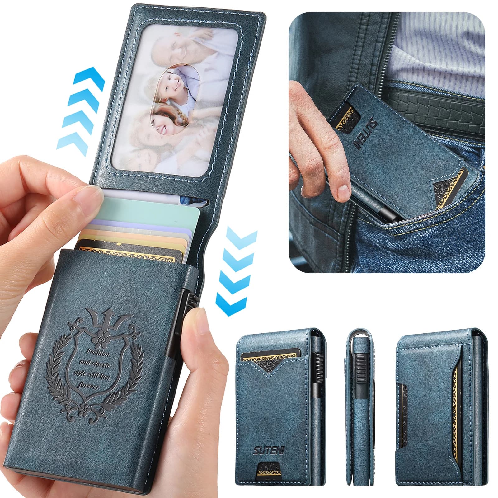 SUTENI Portafoglio da uomo in ecopelle Portafoglio con slot per schede Scatola per carte con copertina ribaltabile Premendo il pulsante Ejecisce automaticamente la carta