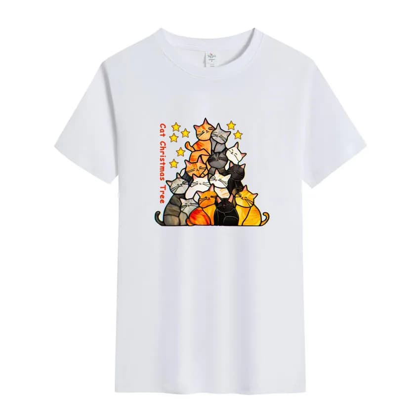 T-shirt da uomo in cotone 100% estivo Gatto divertente Albero di Natale Regali per amanti dei gatti carini Stampa T-shirt a maniche corte Ragazzi Ragazze Coppie Top