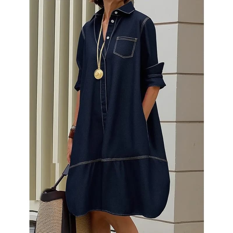 Women's Fashion Contrast Color Lapel Shirt Dress 2026 New Long Sleeves Loose Buttoned Pockets Urban Casual Office Midi Dresses