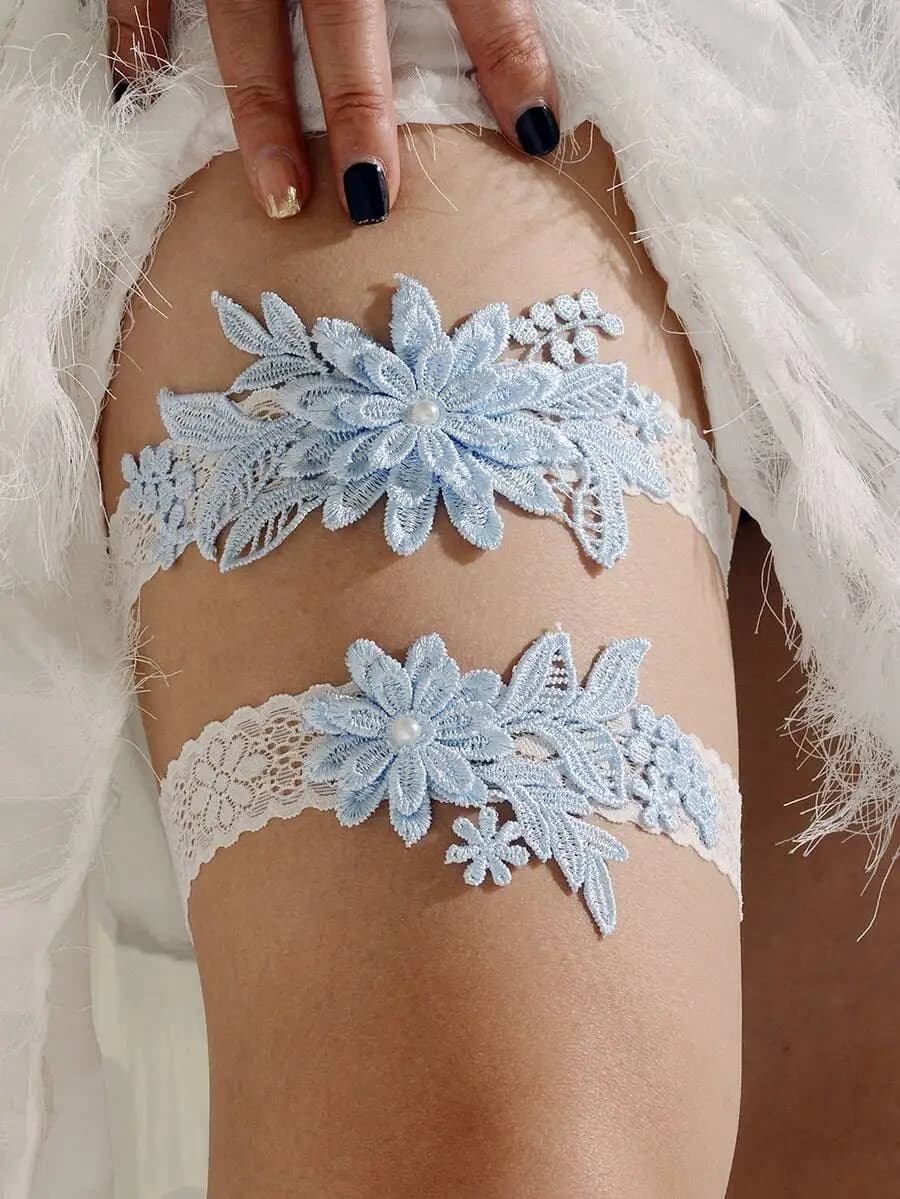 2pcs/Set Fashionable Court-Style White Lace Blue Faux Pearl Flower Romantic Wedding Bridal Bridesmaid Sexy Garter Belt With Body