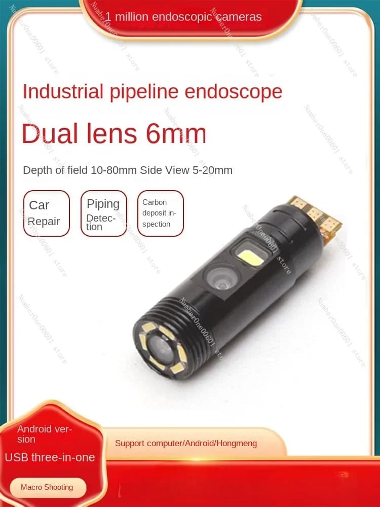 Telecamera ad alta definizione per endoscopio a doppia lente da 6 mm, sonda di rilevamento della parete interna della conduttura industriale, endoscopio per la manutenzione automobilistica