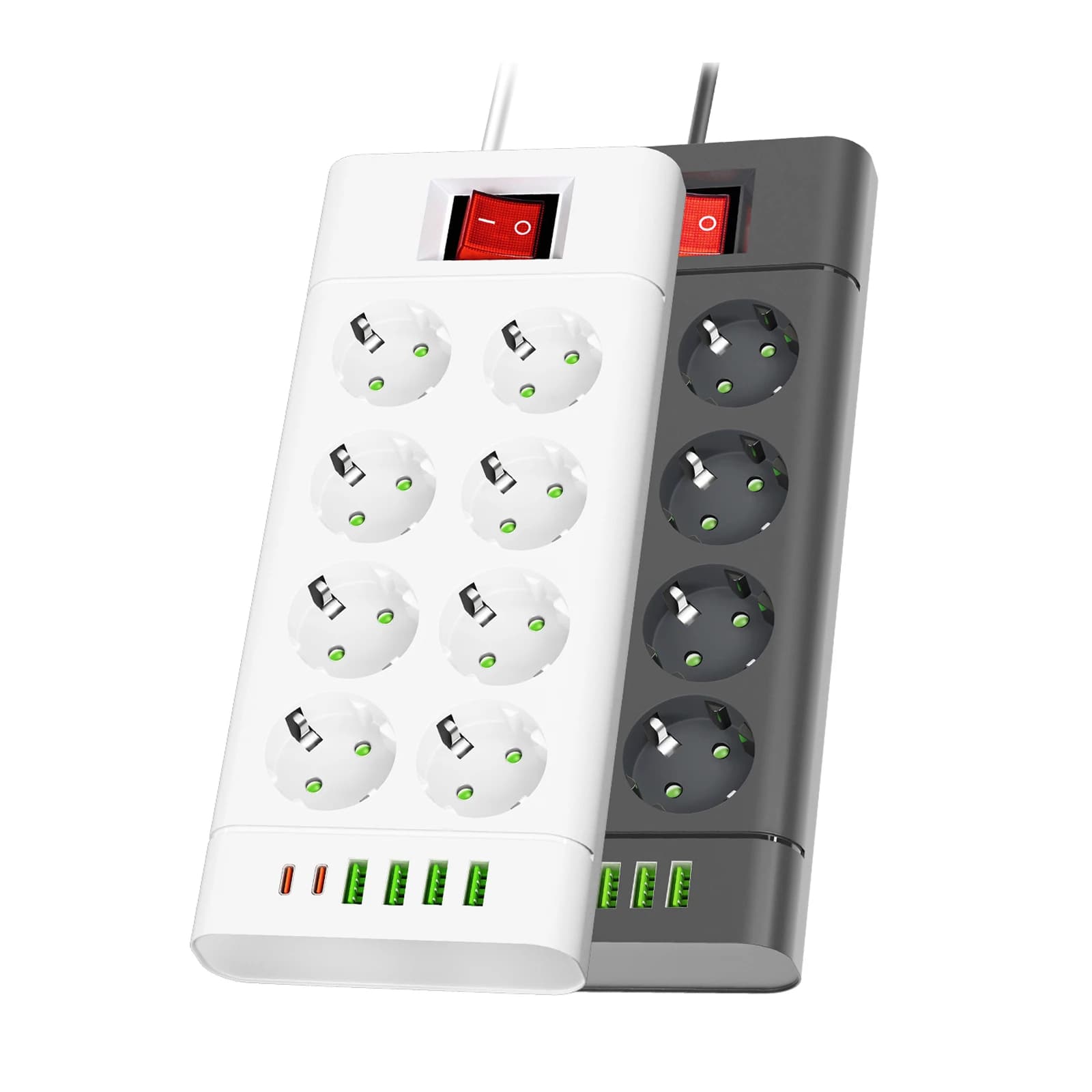 Extension cable for multiple socket with European plug 6,8 or 10 electrical sockets with 4 USB ports and 2 type C that support 2500 W household appliances