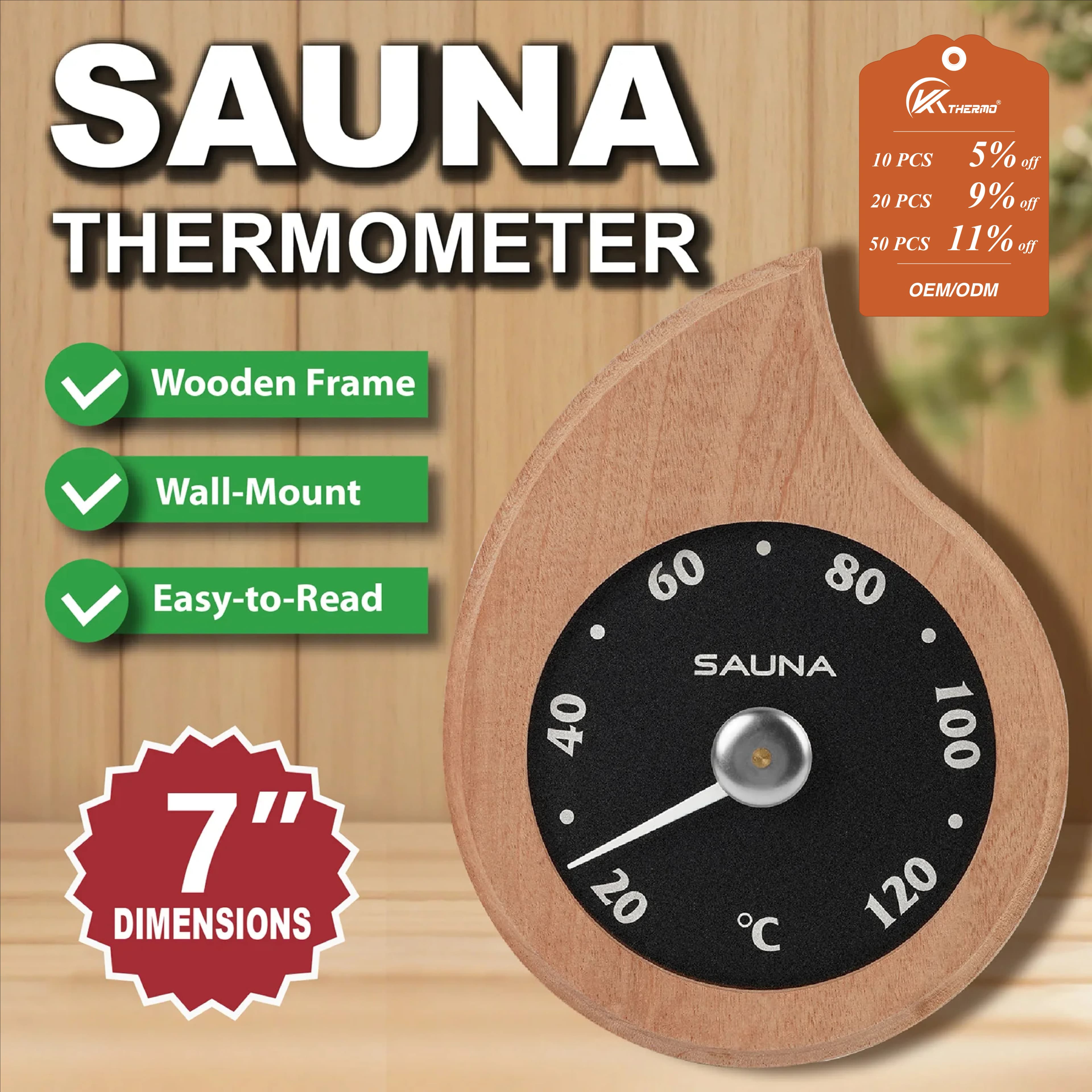 7 Inch Wooden Sauna Thermometer 20-120°C Mechanical Wall Mount Temperature Gauge for Home Spa Sauna Room