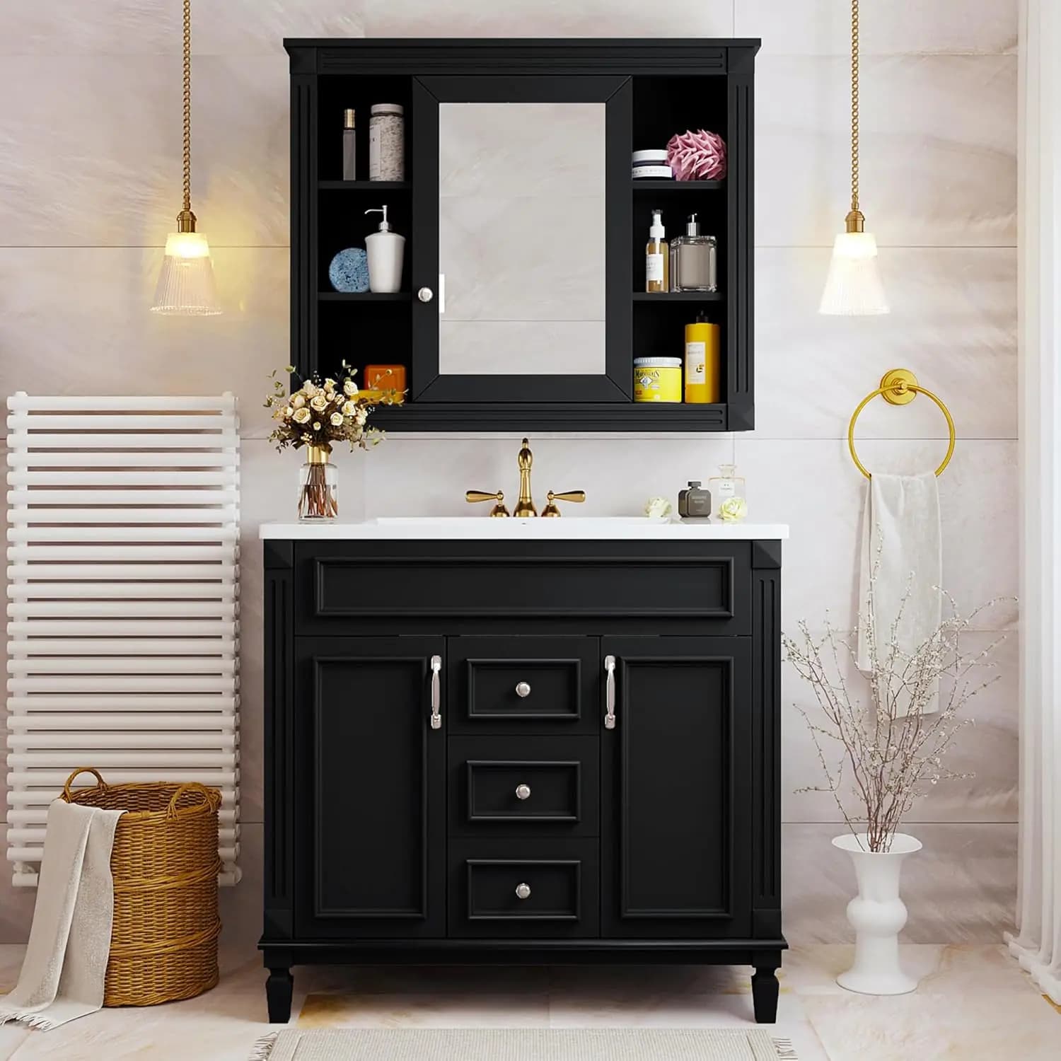 Mobile bagno da 36 pollici con lavabo, mobiletto contenitore da 36 pollici con specchio e armadietto porta medicinali abbinati, piano lavabo in ceramica