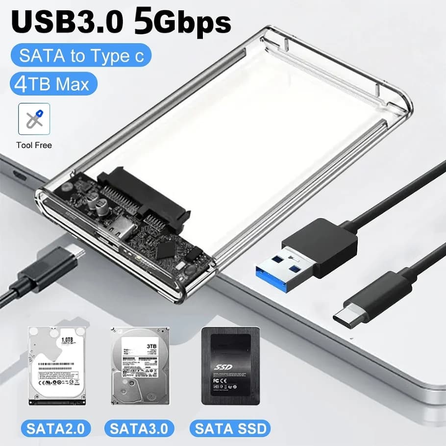 2.5 inch Hard Drive Enclosure USB 3.0/Type C to SATA III Clear External Hard Drive Case for 2.5 inch SATA SSD HDD Support UASP
