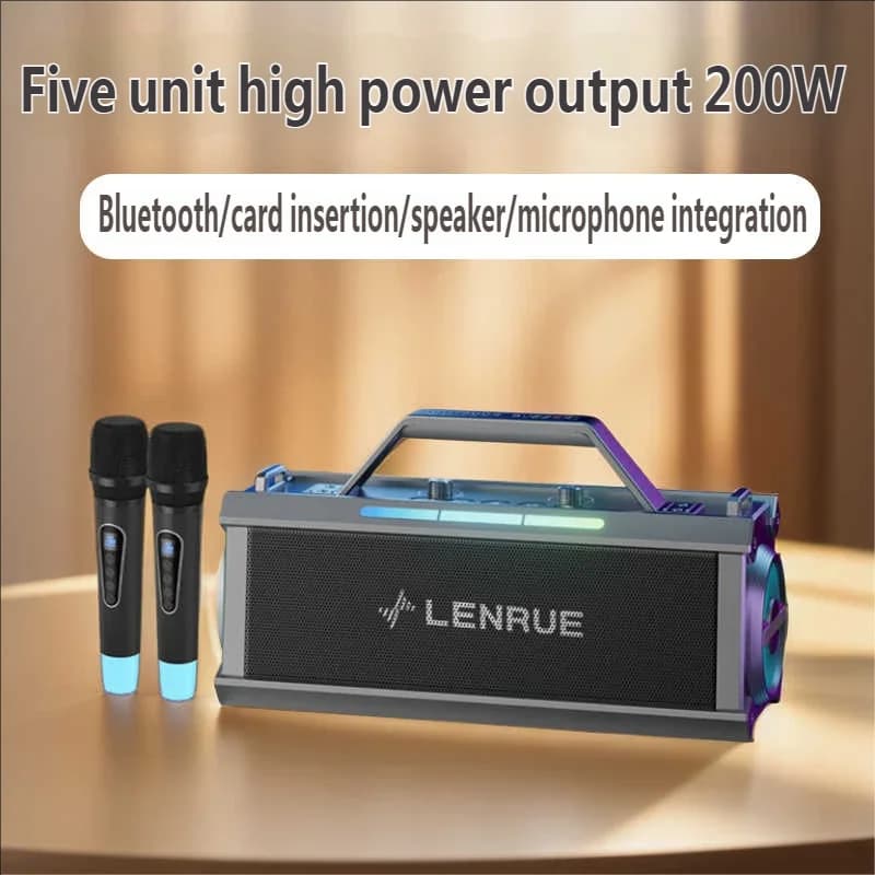 High power wireless Bluetooth speaker dual microphone set T90, handheld outdoor portable subwoofer player ，live karaoke, Support memory card, U-disk, rechargeable MP3 player, ideal gift