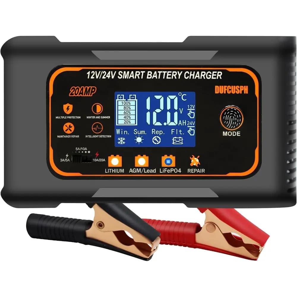 Caricabatteria intelligente da 20 Amp per batterie al litio AGM Gel Lifepo4 - Caricatore di mantenimento 12V/20A e 24V/10A, mantenitore per barca, M
