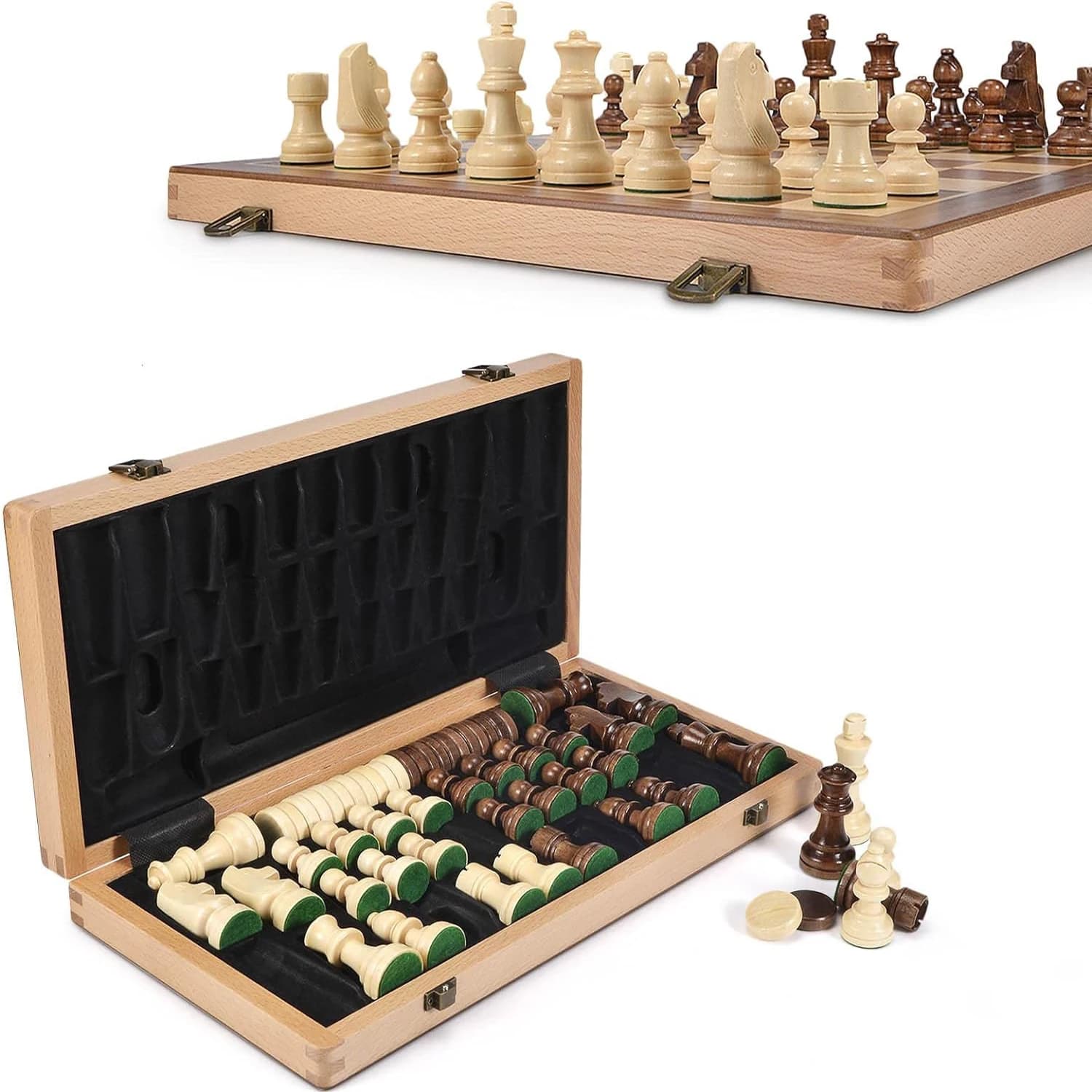 Set di scacchi e dama in legno da 15 pollici/39 cm Pezzi degli scacchi ponderati 2 Extra Queens 24 Dama Slot di stoccaggio Gioco da tavolo classico 2 in 1