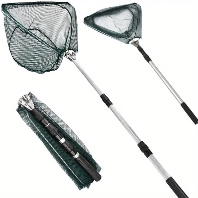Foldable Triangle Fishing Landing Net Telescopic Aluminum Alloy Handle Portable Fish Catch Mesh Collapsible Angling Dip Net