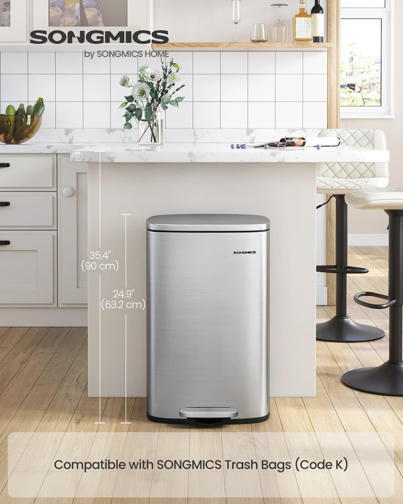 SONGMICS 50 L Recycle Bin (13 Gallons), Stainless Steel Brushing Bidone for Kitchen, Recycle or Waste Container, Soft Closure, Pressure Pedal, Removable