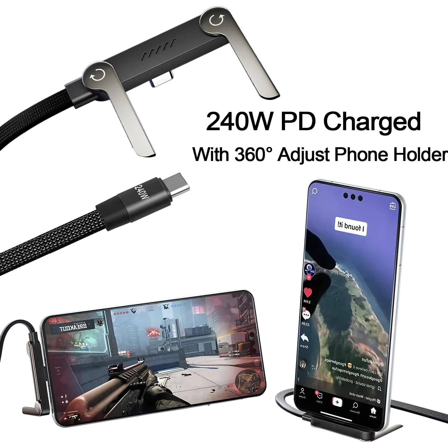 Cavo intrecciato con supporto pieghevole 2 in 1 da 240 W da tipo C a USB-C a ricarica rapida per telefoni/laptop