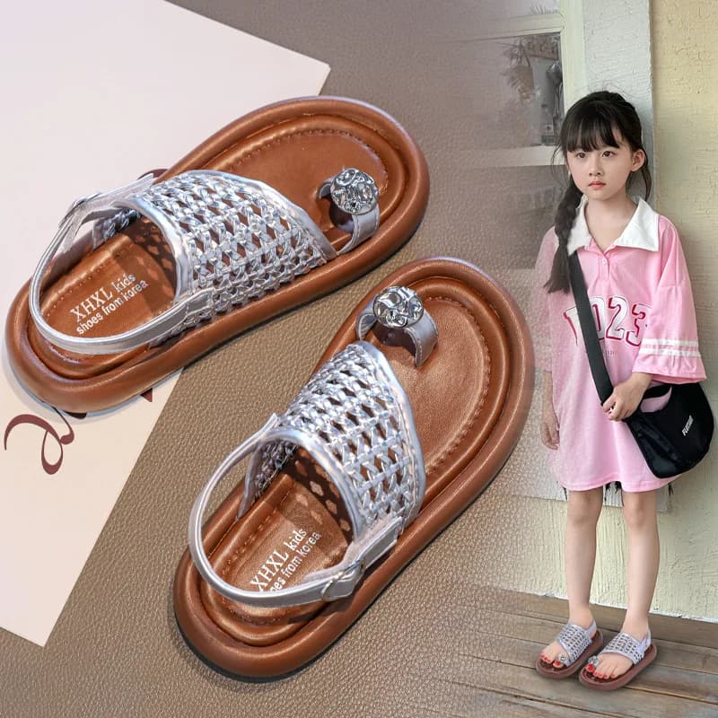 Ciabatte estive da bambina con perle, tacco piatto, punta chiusa, stile principessa, ciabatte intrecciate da spiaggia, taglie 23-35