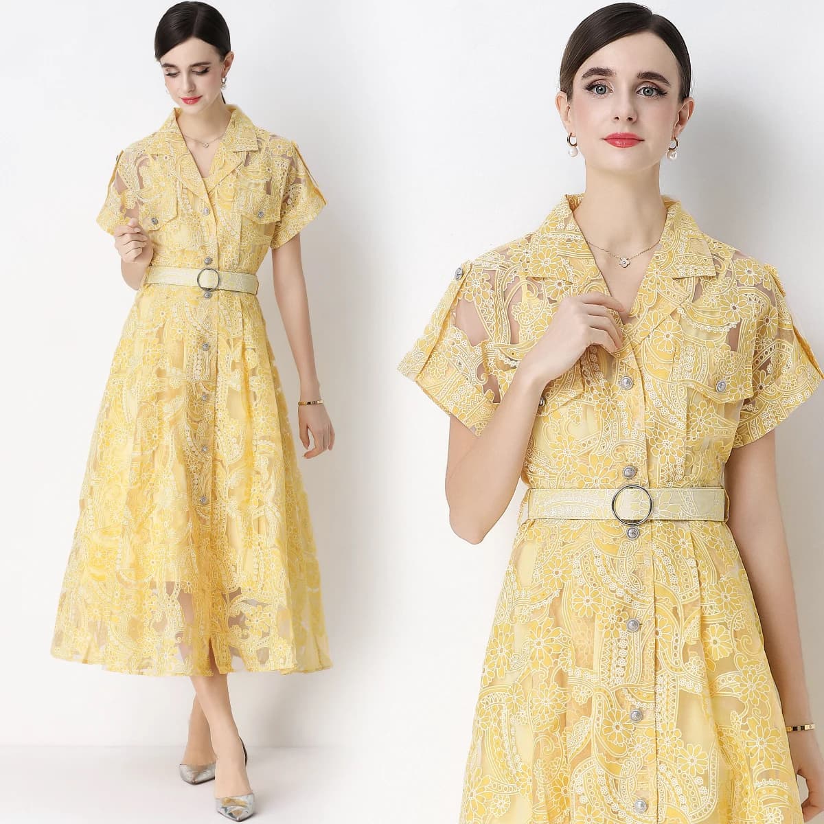 Abito Principessa Casual alla Moda, Versatile, a Mezza Lunghezza, con Maniche Corte, Ricamo Traforato, Cintura in Vita e Chiusura a Bottone Singolo