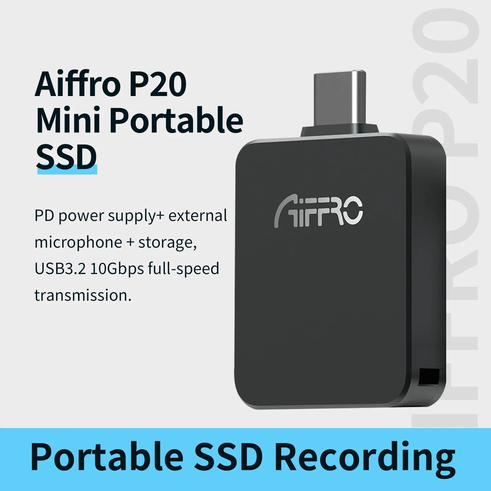 Aiffro P20 Mini SSD Esterno 10Gbps 1000MB/s Doppia Interfaccia per Registrazione Video ProRes 4K, Archiviazione Esterna per Creator 512GB 1TB 2TB