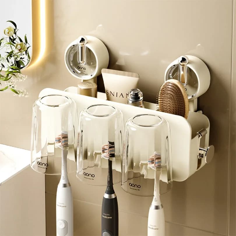 Organizzatore per spazzolini da denti con ventosa senza foratura, con bicchiere per il lavaggio e porta dentifricio, impermeabile, da parete, per il bagno