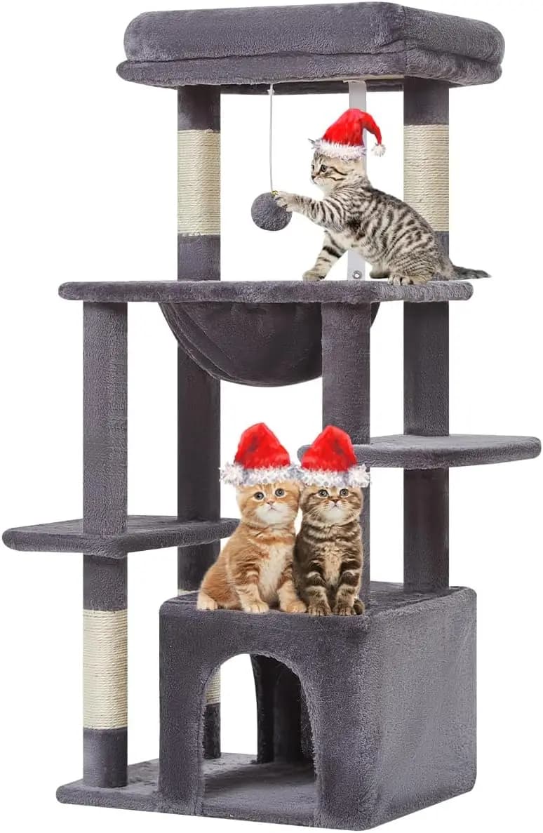 Torre per Gatti da Interno da 39,4 Pollici, con Amaca Morbida e Posatoio, Grigio Fumo - Ideale per Gattini
