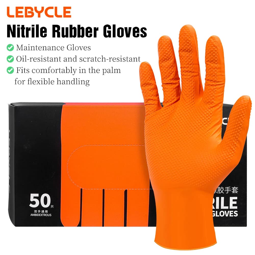 LEBYCLE 50 Pezzi Guanti in Nitrile Spessi con Texture a Diamante Antiscivolo Multifunzionali per Riparazione e Manutenzione Biciclette