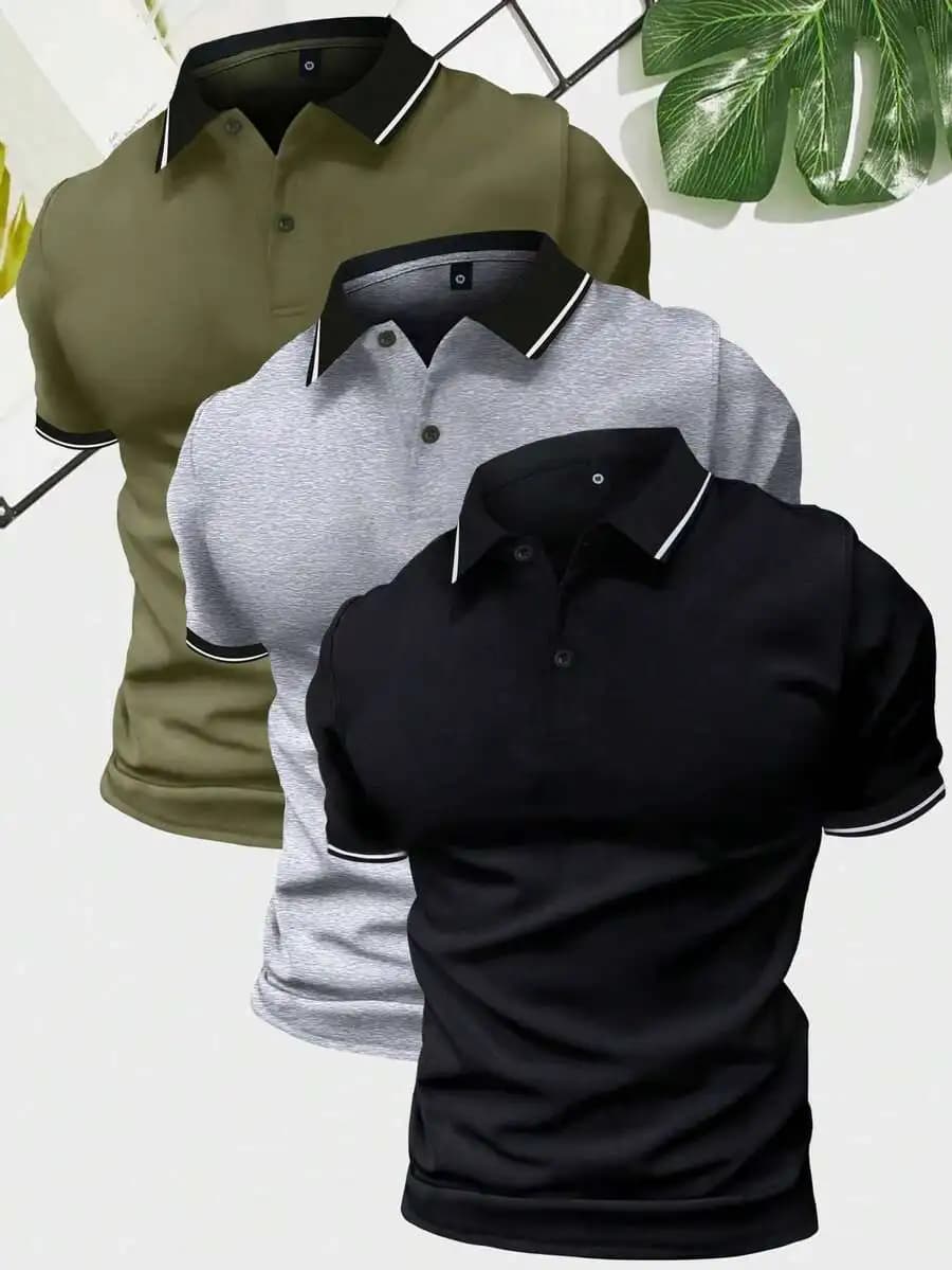 3pcs/Set Men's Summer New Solid Color Polo Shirts, Military Green/Light Grey/Black Regular Fit Short Sleeve Casual Business T-Sh