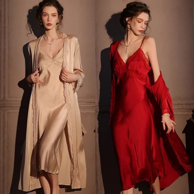 Set 2 Pezzi Vestaglia Donna in Pizzo, Camicia da Notte, Abito da Bagno, Completo da Notte Estivo, Kimono, Camicia da Notte in Raso Setoso, Loungewear