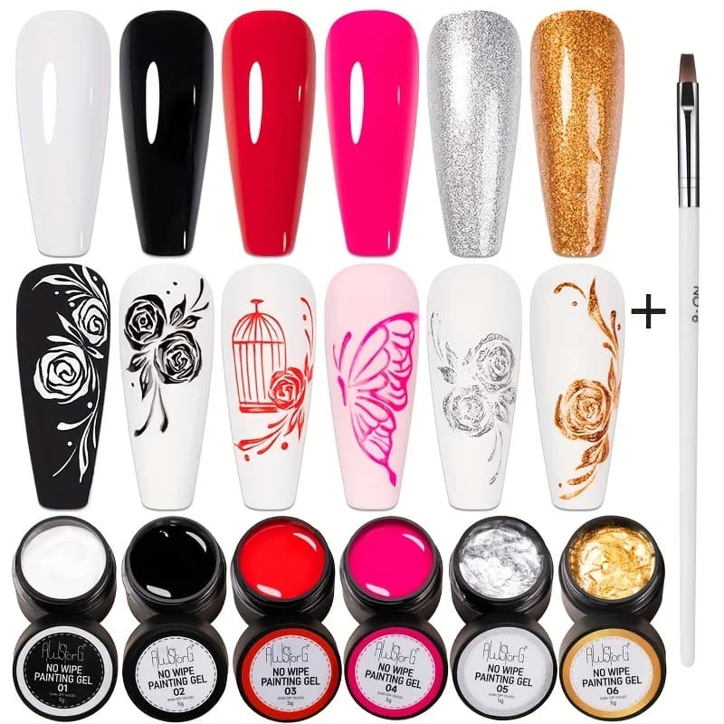AWStorG 7Pcs/Set Not Flowing 4 In 1 Solid No Wipe Painting Gel Varnish Black White Color Painting Liner Nail Art Glitter UV Gel