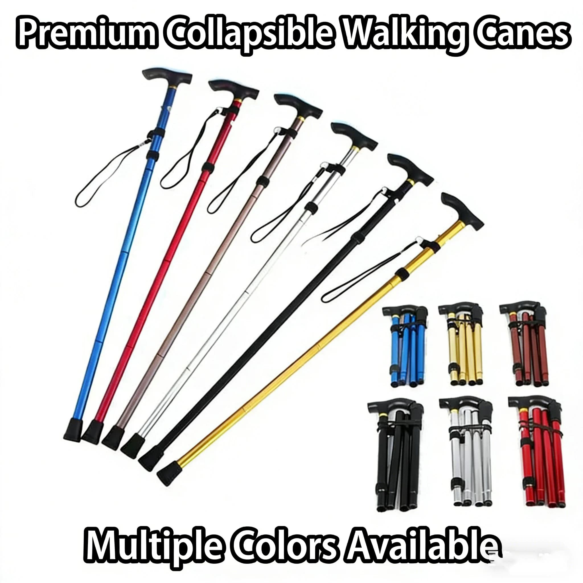Bastone da Passeggio Pieghevole Leggero Regolabile Portatile con Cinturino da Polso e Punta in Gomma Blu Nero per Gite Quotidiane