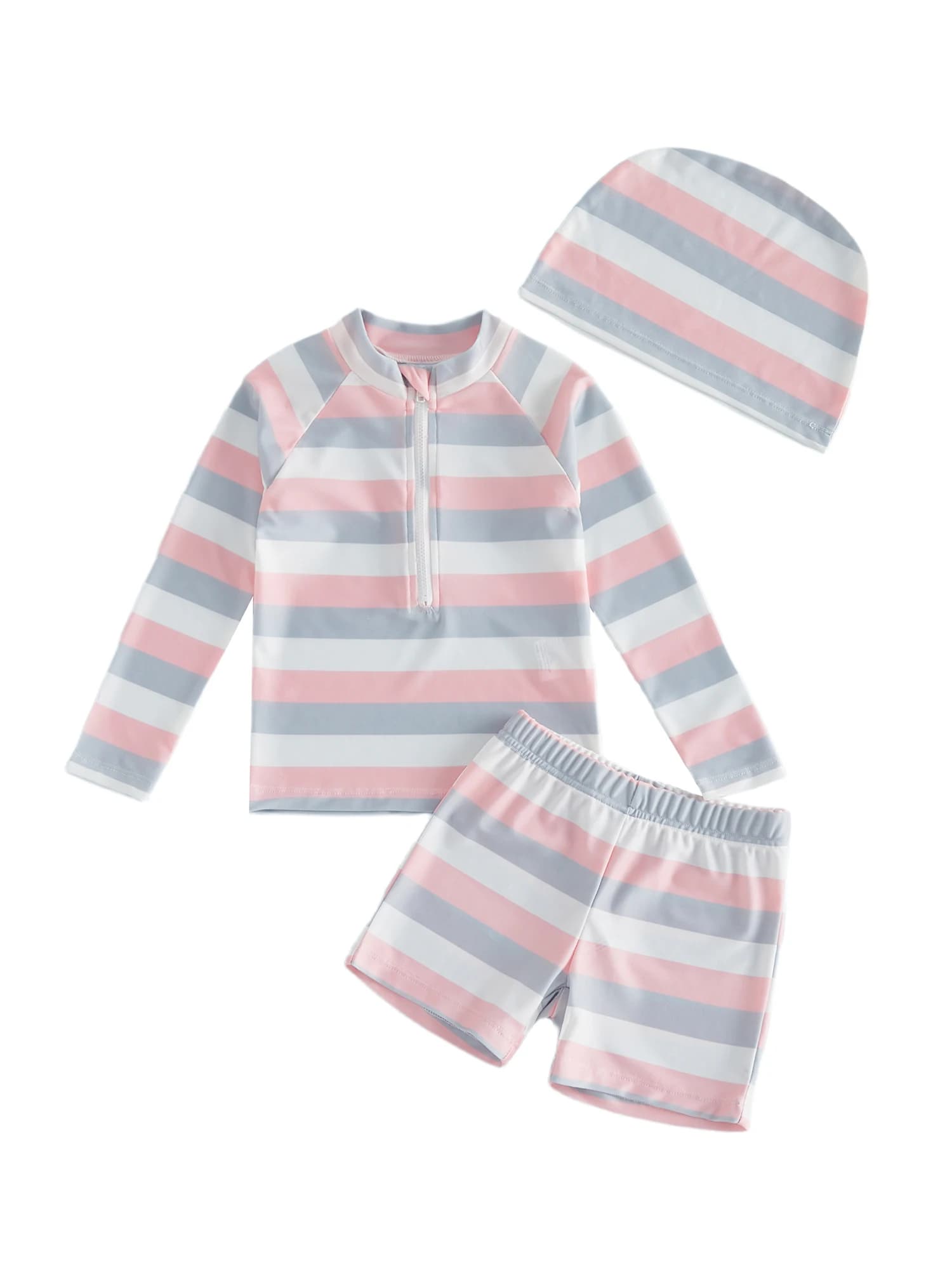 Costumi da bagno Rash Guard per bambina con design a righe, top a maniche lunghe con mezza zip, pantaloncini elastici e set con cappuccio da bagno per bambina
