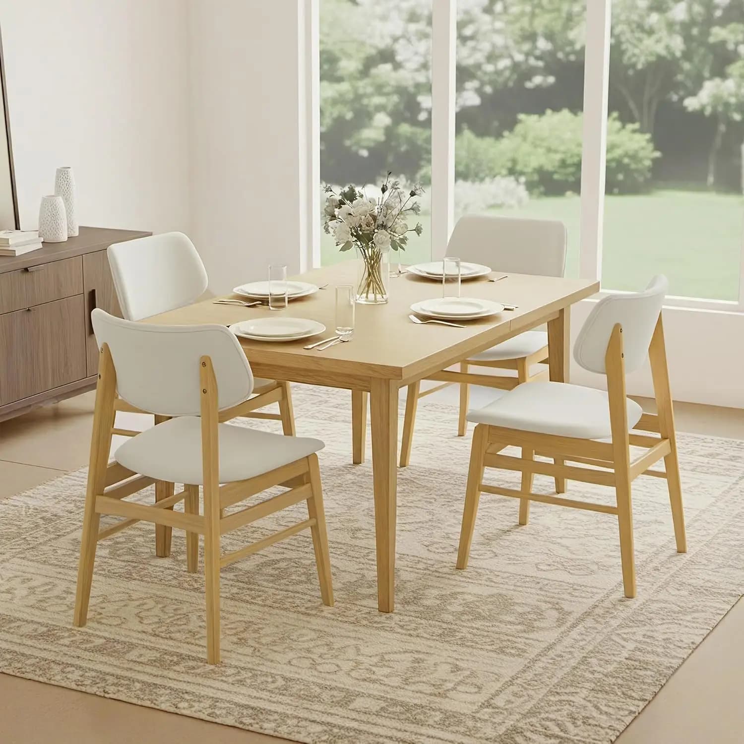 Set of 4 modern padded dining chairs, solid oak wood with soft padded backrest for kitchen, restaurant, bar