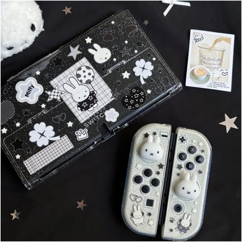 New Genuine Miffy Nintendo Switch Oled Ns2 Lite Protective Case Glitter Handle Grip Cover Transparent Black White Gift