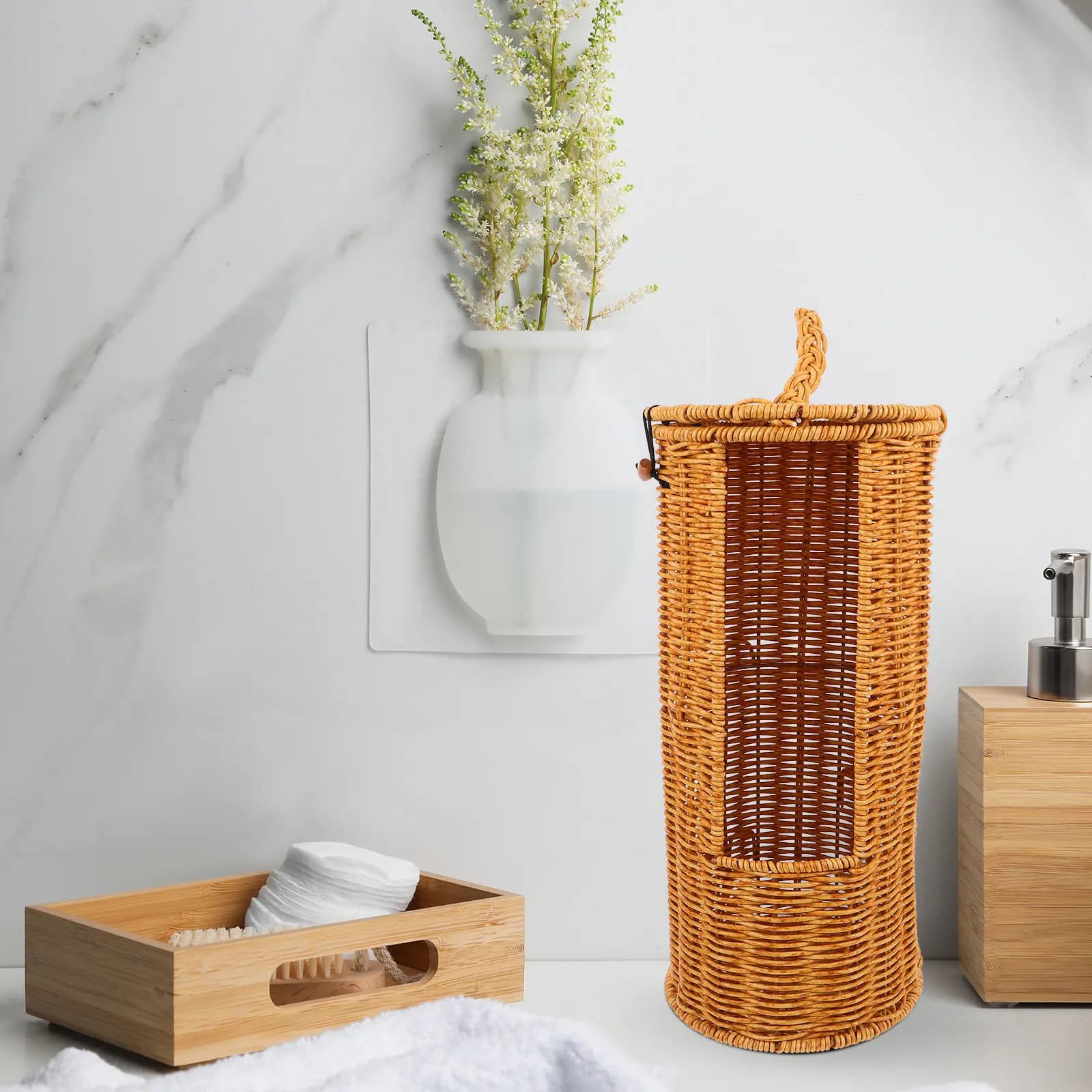 Toilet Paper Storage Basket Plastic Rattan Imitation Weaving Round Decorative Box Cylinder Holder Space Saving Bathroom Tissue