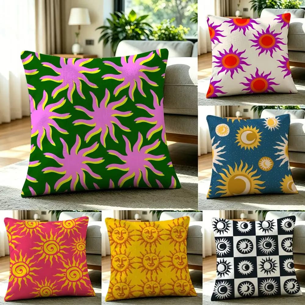 Set di fodere per cuscini in lino naturale con stampa H-Hippie Spiral Sun, decorazione completa per divano, camera da letto e sedia