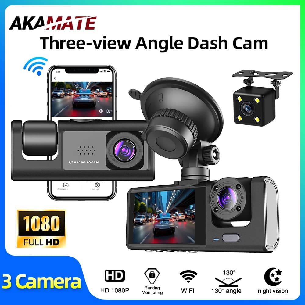 DVR per auto 3 telecamere Registratore posteriore all'interno del veicolo Dash Cam a 3 obiettivi Telecamera a tre vie DVR Dashcam Videocamera a 3 canali 1080P HD