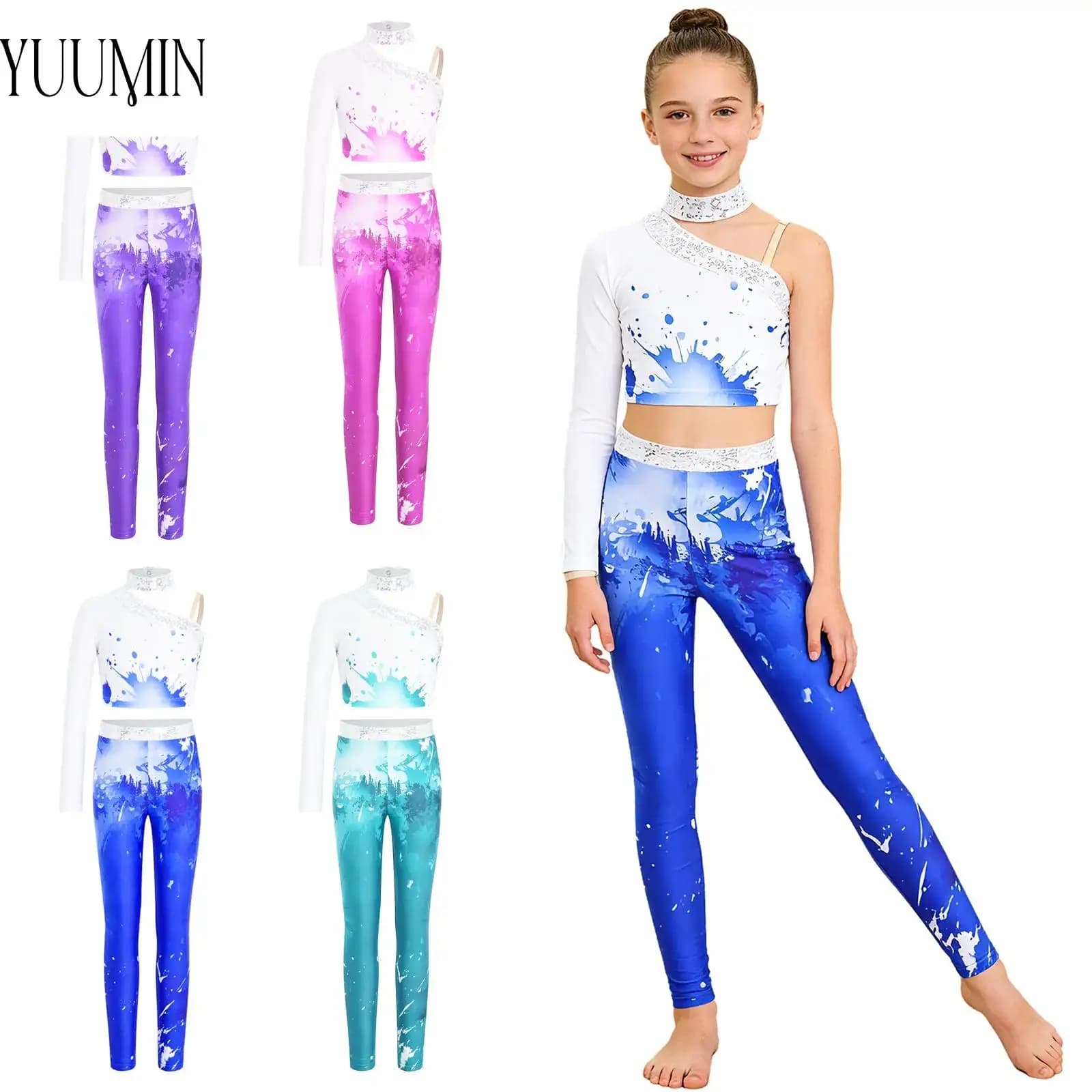 Completo per Ginnastica Artistica e Pattinaggio sul Ghiaccio per Ragazze, Top Corto Asimmetrico Senza Maniche con Paillettes + Set Leggings per Bambine