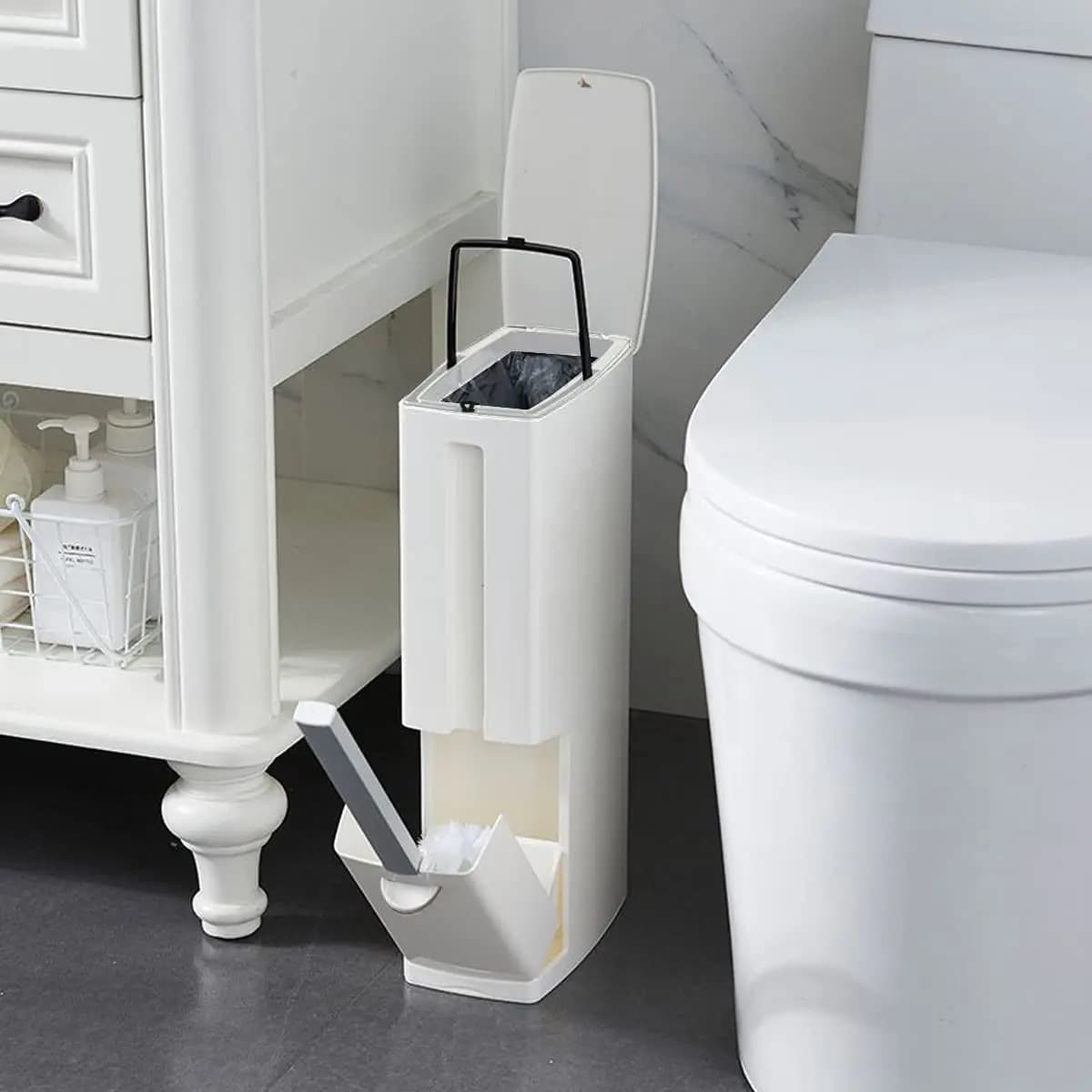 4.4" Wide RV Slim Bathroom Trash Can with Lid - 3-in-1 Space-Saving White Bin