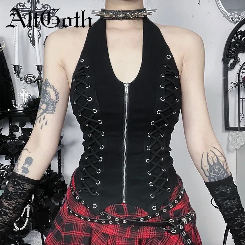 Top Corto Donna AltGoth Cyberpunk Gotico Streetwear Y2K E-girl Emo Alternativo Grunge Harajuku con Occhielli e Lacci