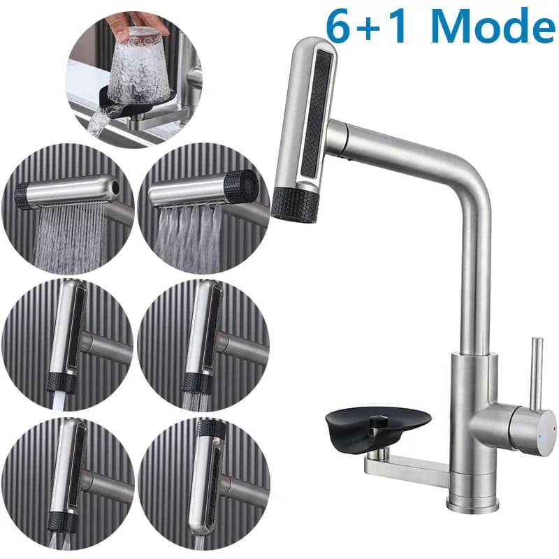 Rubinetto da cucina 4/7 modalità con lavabicchieri estraibile, getto a cascata, miscelatore lavello, finitura nichel spazzolato, accessori per rubinetto