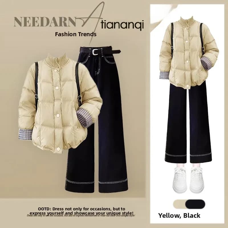 2026 New Faion Korean Sle Women's Lazy Match Cotton Coat And Jeans Warm Two-Piece Set High Waist Long Pants Winter Outfit