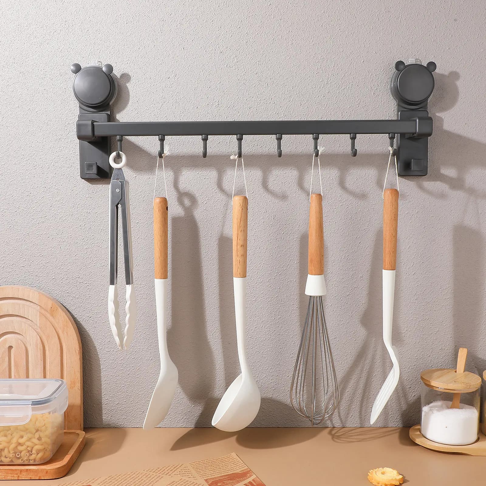 Portaoggetti da cucina a ventosa resistente con ganci per utensili, asciugamani e spatole - Organizzatore verticale da parete senza foratura per superfici lisce