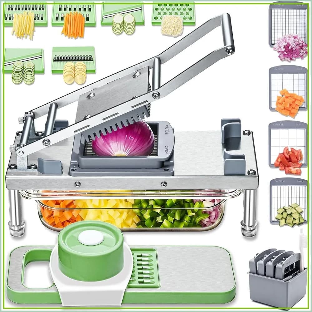 Stainless Steel Vegetable Chopper with 10 Blades - Mandoline Slicer, Food Chopper with Container, Veggie Onion Chopper, Potato Dicer, Tomato Cutter, Cheese Grater
