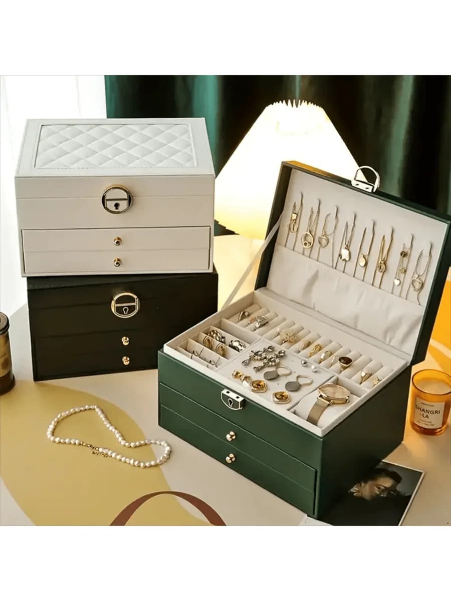 1pc Large-Capacity Three-Layer Jewelry Box, Pu Leather Multi-Functional Jewelry Box, Watch Box With Lock, Storage Box, Ring