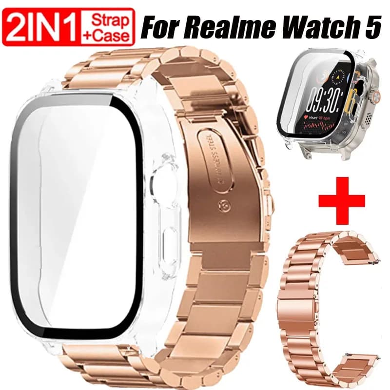 Stainless Steel Strap+Case For Realme Watch 5 Tempered Glass Protective Shell Metal Band Correa Belt For Realme Watch 5 Bracelet
