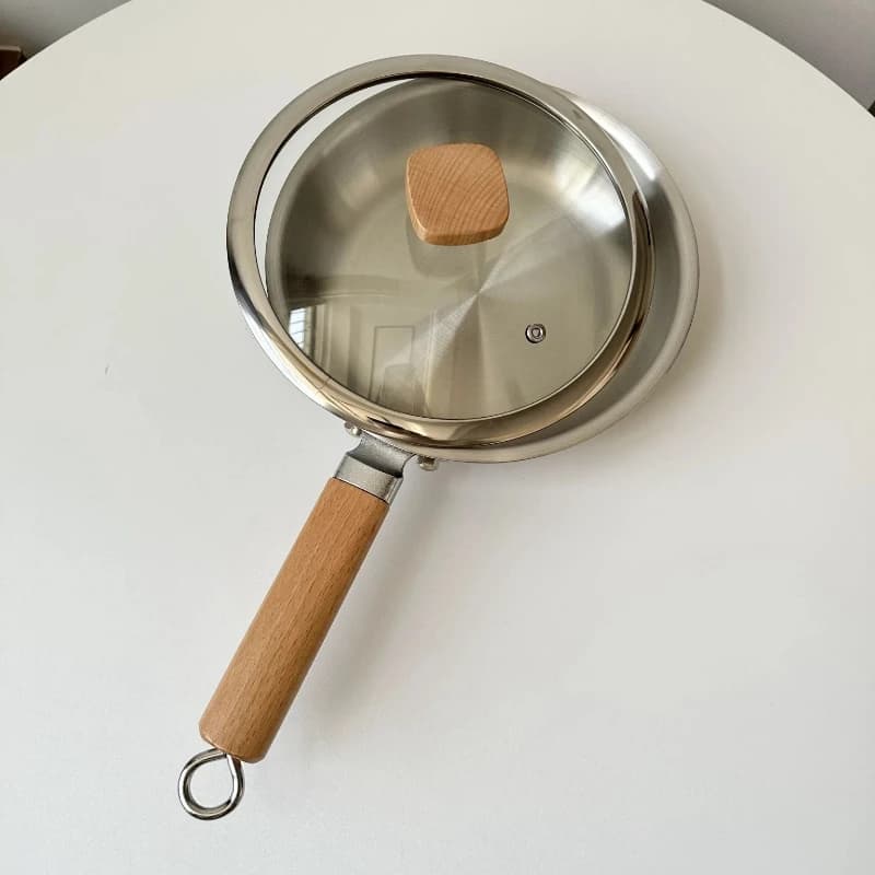 304 stainless steel non-stick pan with wooden handle for healthy food, induction compatible, eggs steaks, pancakes, baby food