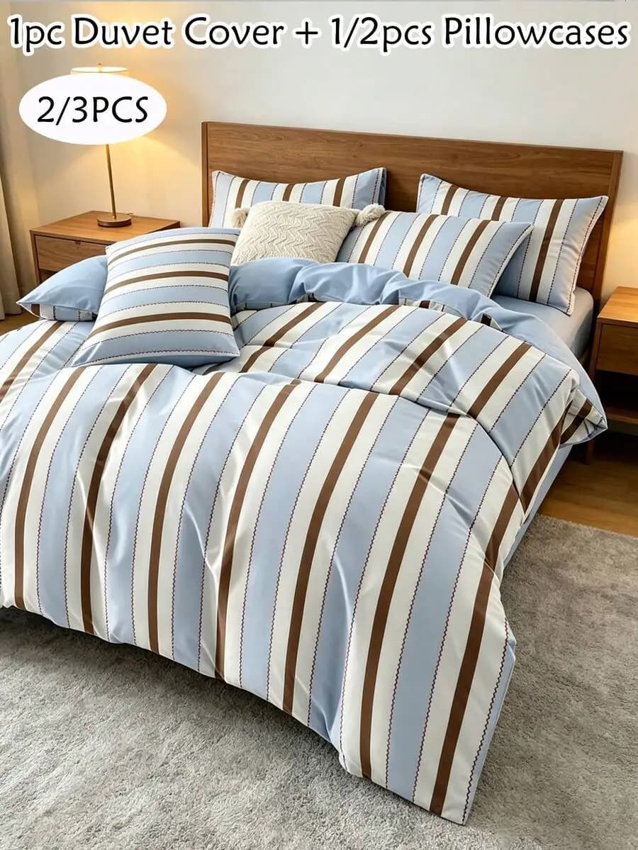 3pcs Striped Duvet Cover Set With 1 Duvet Cover And 2 Pillowcases Modern Polyester Bedding