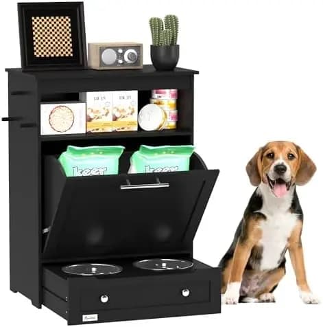 Dog Feeding Station with Raised Bowls, Dog Food Storage Cabinet with Hanger for Feeding & Watering Supplies, Pet Feeder