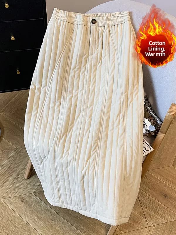 Nuova gonna invernale da donna taglie forti a vita alta in misto cotone e velluto a coste, gonna lunga a trapezio con elastico in vita, strato base snellente