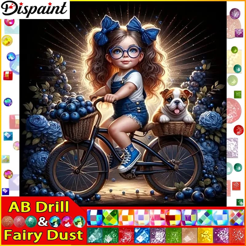 Dispaint Fata Polvere AB Pittura Diamante Pieno Quadrato/Diamante Rotondo "Rotondo Ragazza Mirtillo Cane" Modello Ricamo Punto Croce 5D Strass